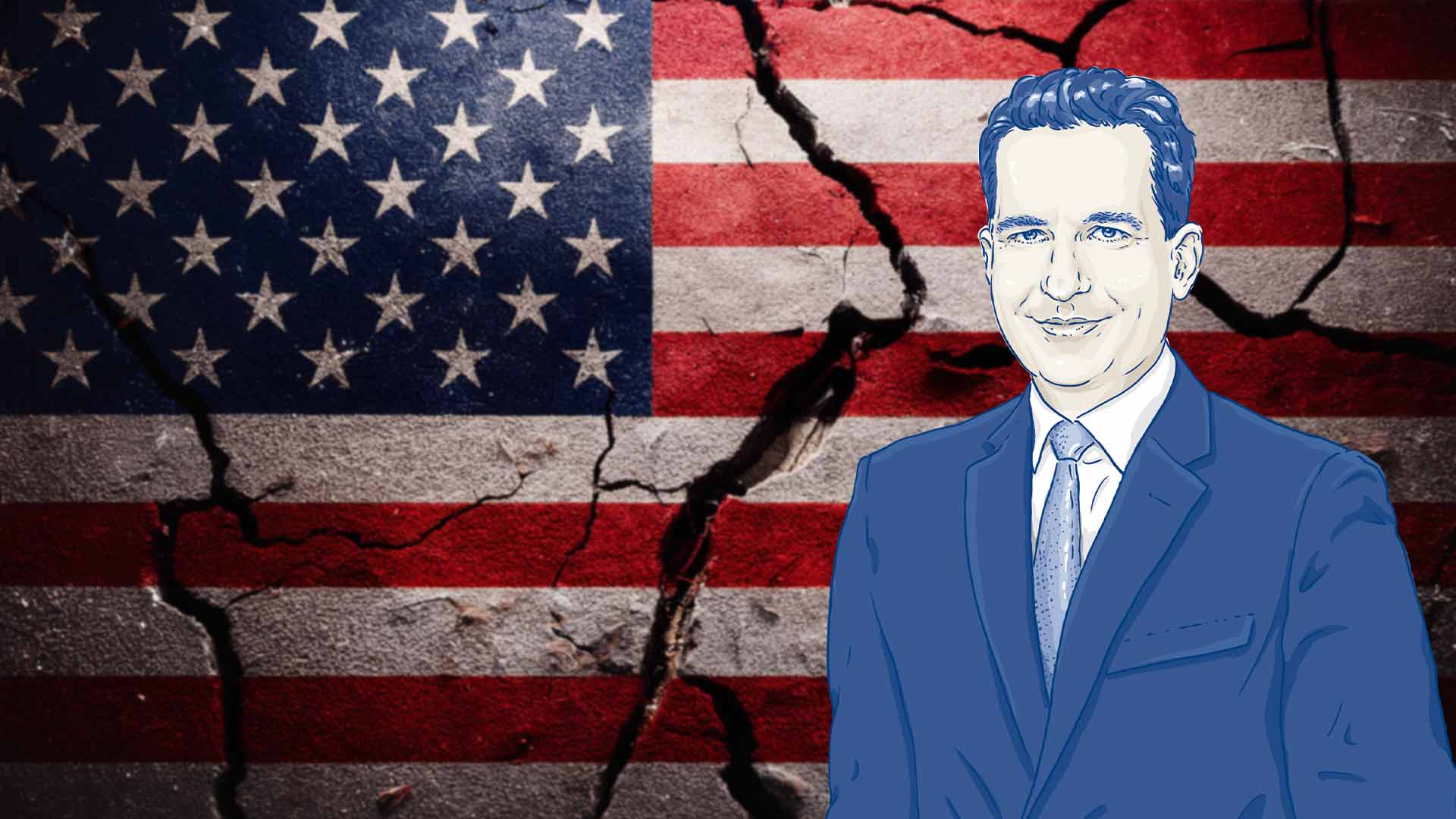 Illustration Oliver Schmidt vor US-Flagge