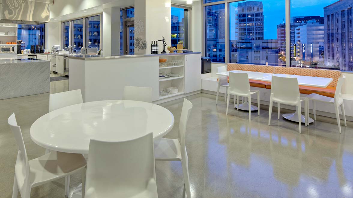 Lounge with kitchen, recreation room for employees.