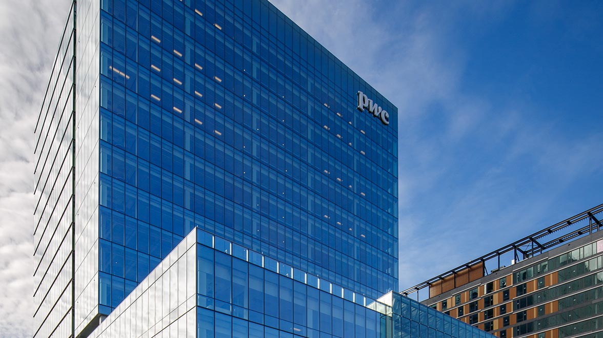 Glass front of the office building at 101 Seaport Boulevard in Boston