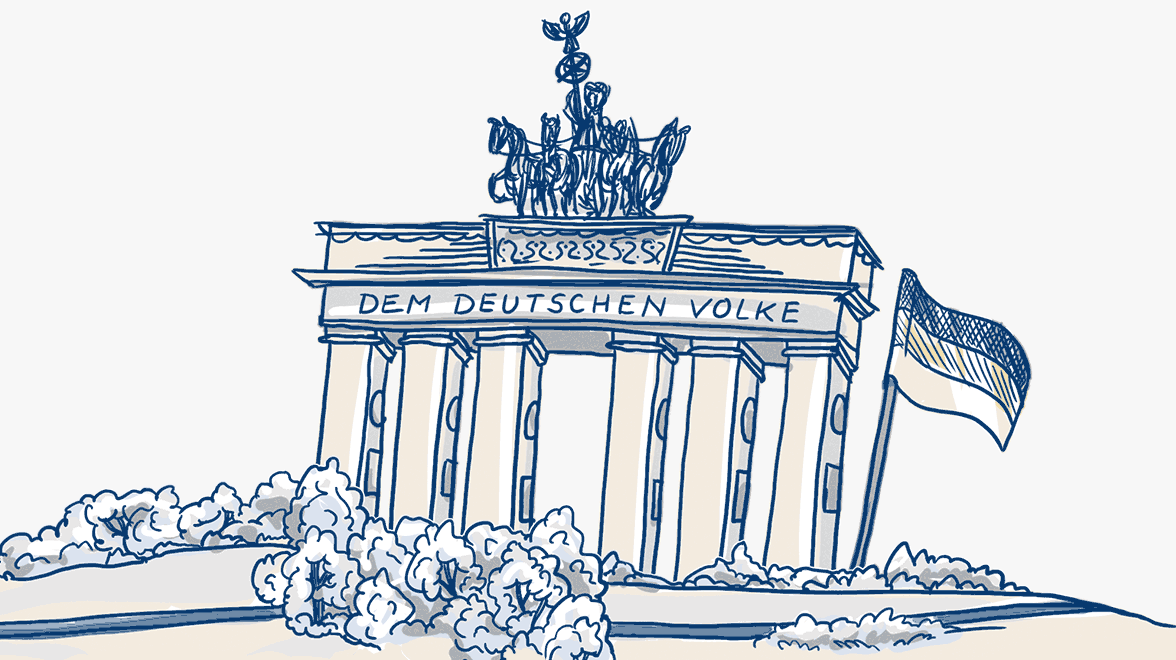 Zeichnung vom Brandenburger Tor mit deutscher Flagge und der Inschrift dem deutschen Volke