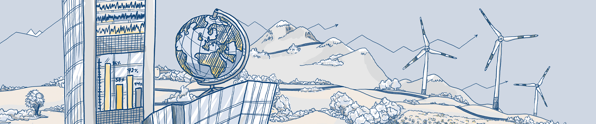 Illustration Globus mit Windräder im Hintergrund