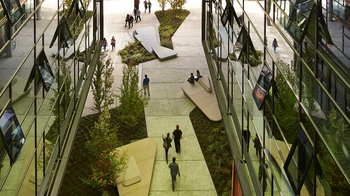 Green passage of the building at Amazon Phase VI in Seattle