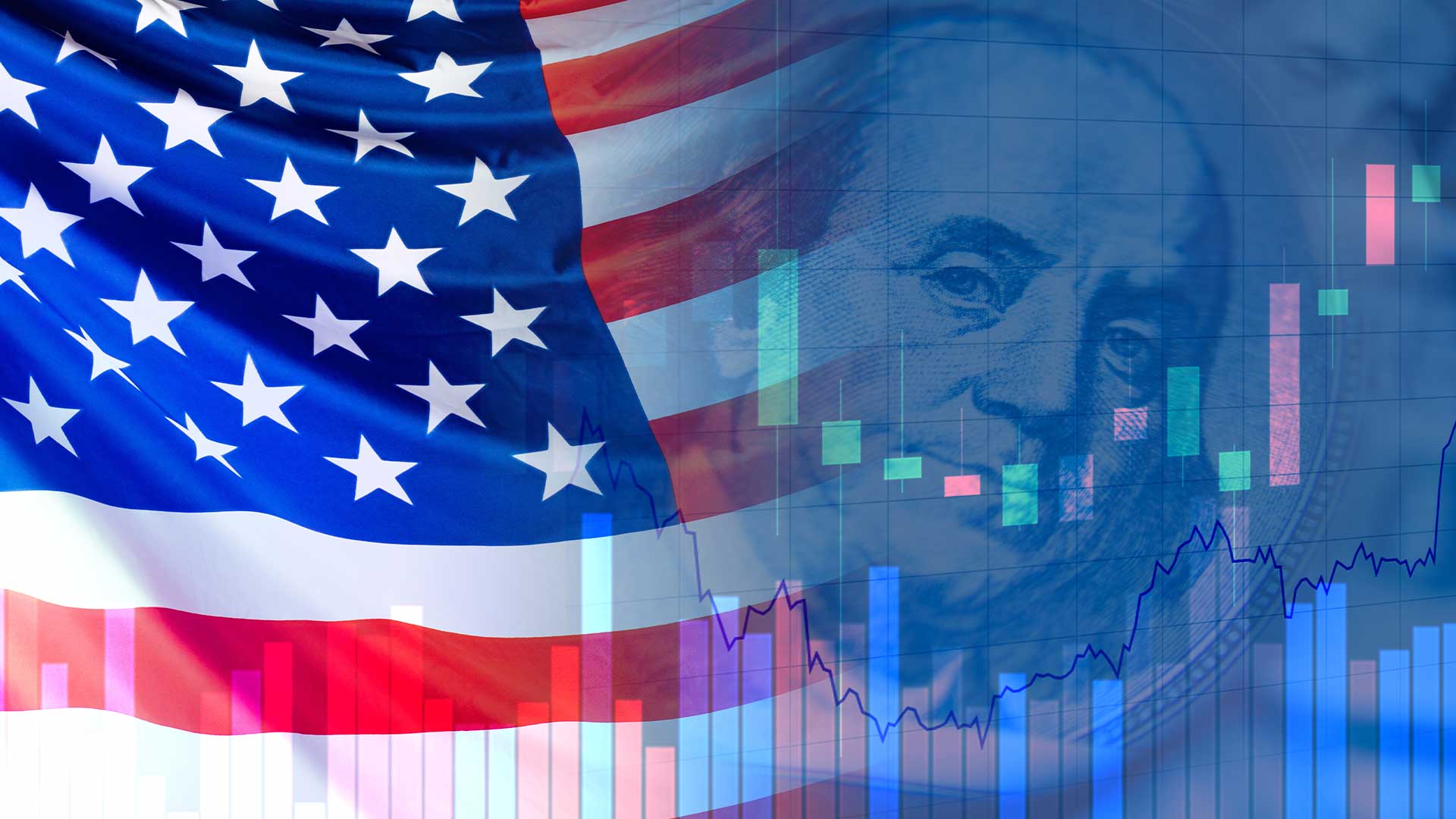 Übergang von USA-Flagge über Benjamin Franklin (US-Dollar) mit Säulendigramm