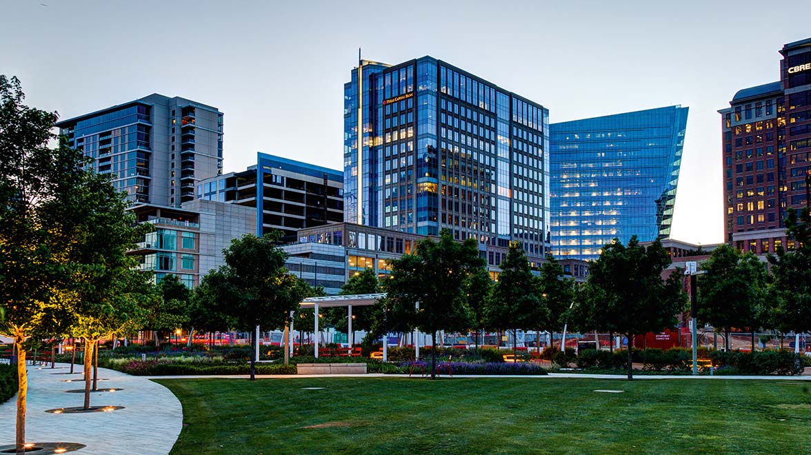General view of the office building with adjacent park